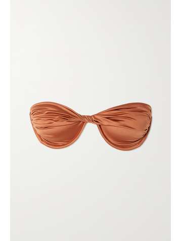 ISA BOULDER Twisted ruched stretch-satin underwired bikini top