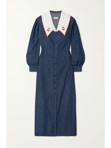 RIXO Becca polka-dot denim and embroidered cotton midi dress