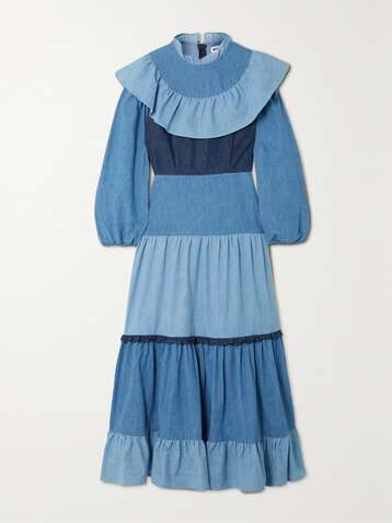 RIXO Sara tiered ruffled denim midi dress