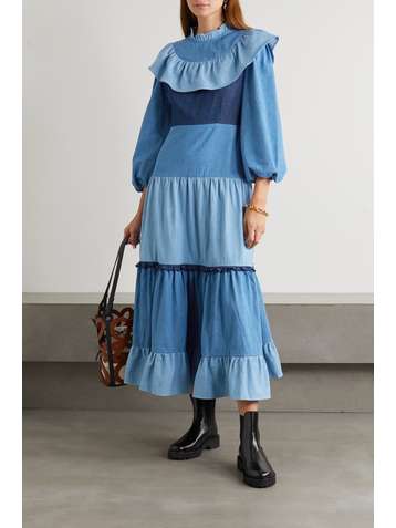 RIXO Sara tiered ruffled denim midi dress