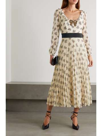 SALONI Denise embellished pleated printed silk midi dress