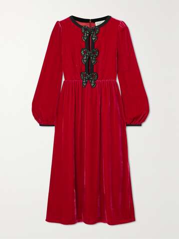 SALONI Camille bow-embellished velvet midi dress