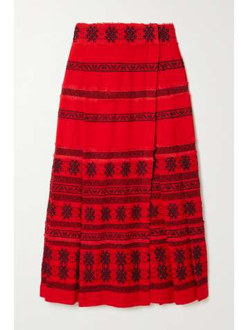 RUE MARISCAL Pleated embroidered cotton wrap midi skirt
