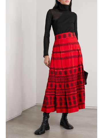 RUE MARISCAL Pleated embroidered cotton wrap midi skirt