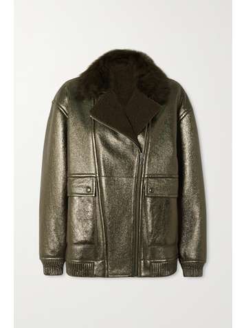 YVES SALOMON Shearling-trimmed metallic textured-leather jacket
