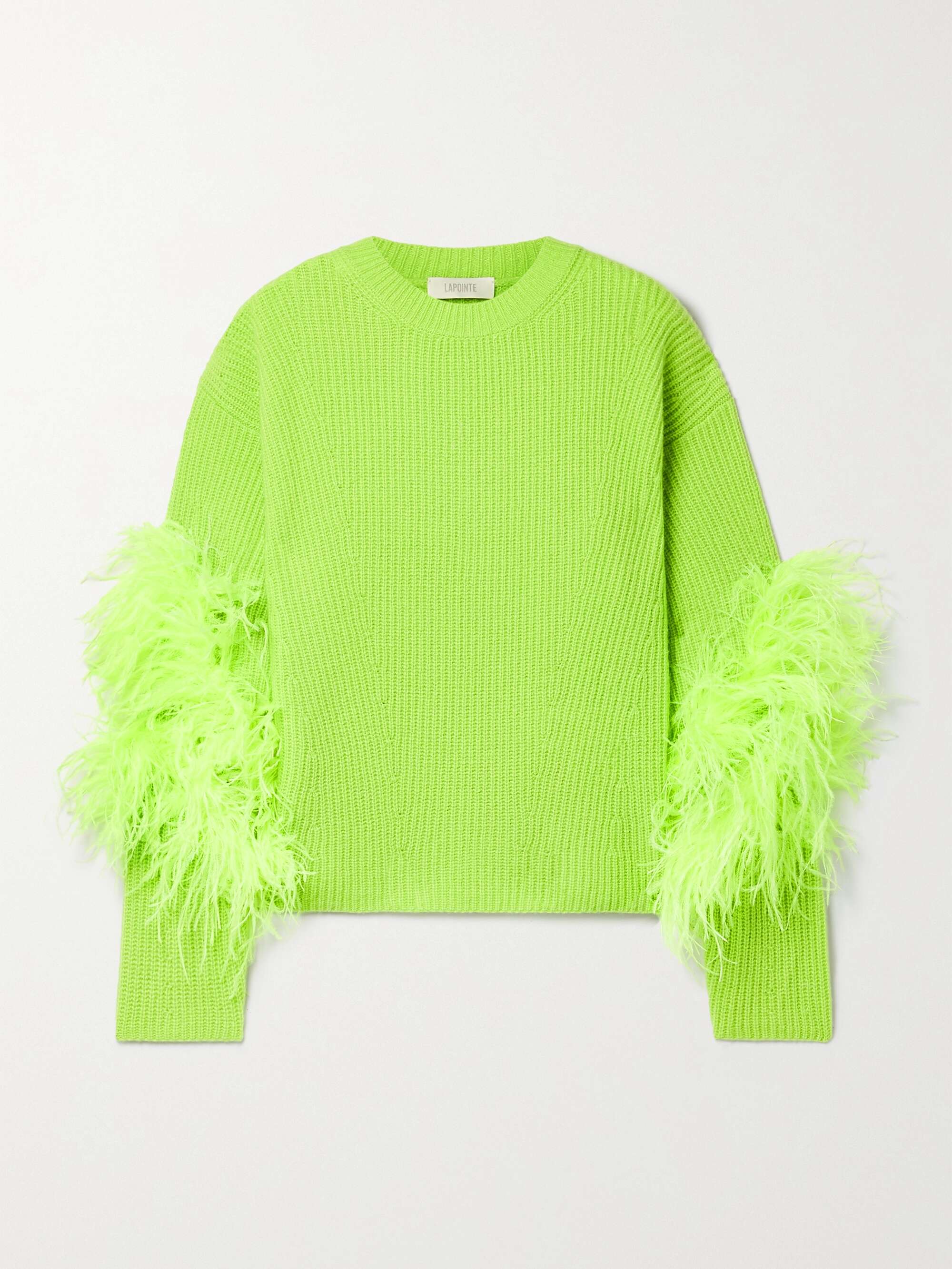 Lime green Feather-trimmed ribbed silk 