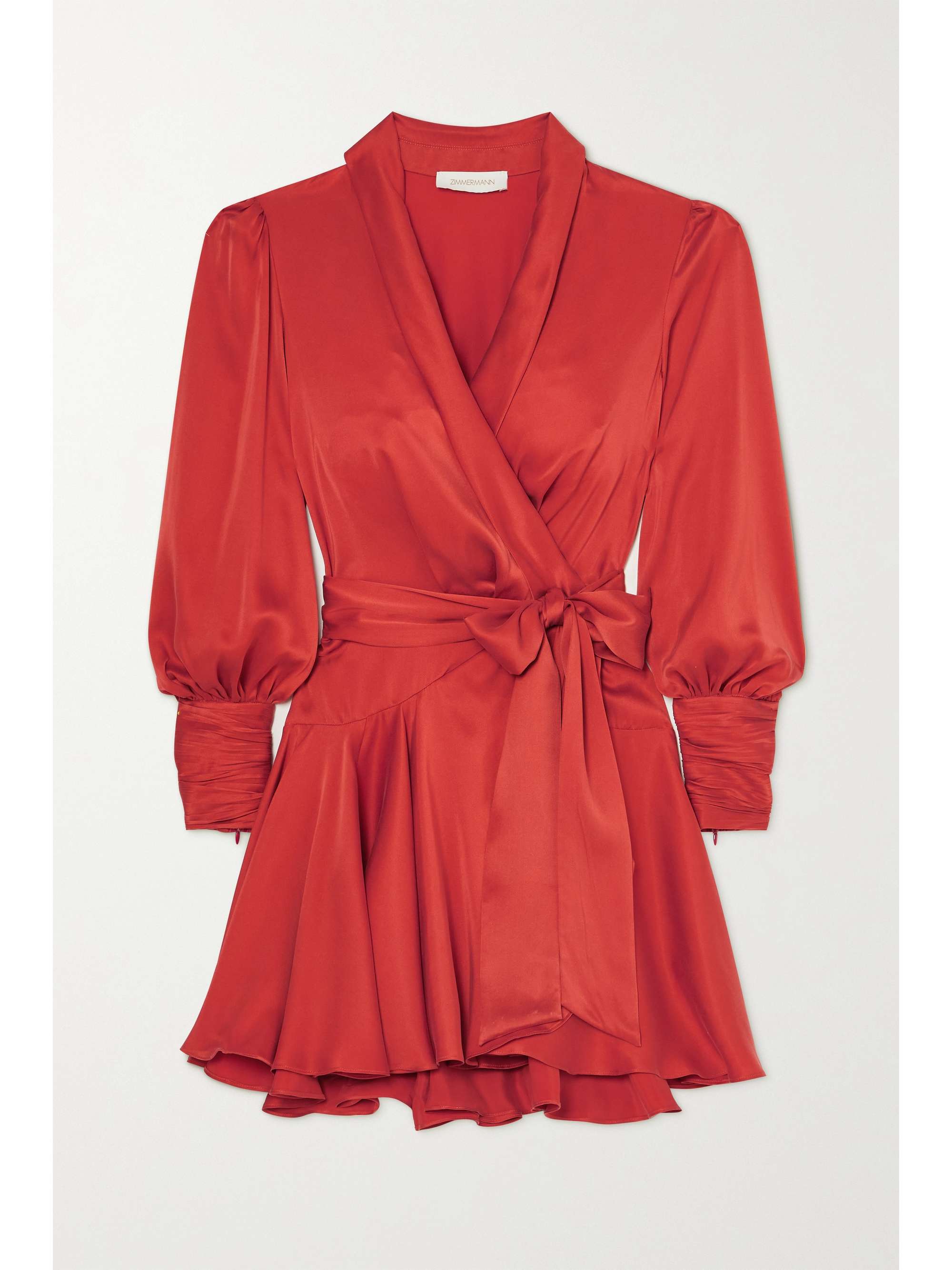 Red Ruffled silk-satin wrap mini dress 
