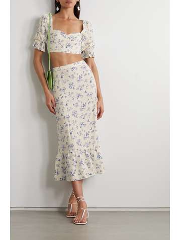 REFORMATION Fiona floral-print crepe cropped top and midi skirt set