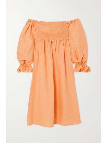 SLEEPER Atlanta off-the-shoulder shirred linen midi dress