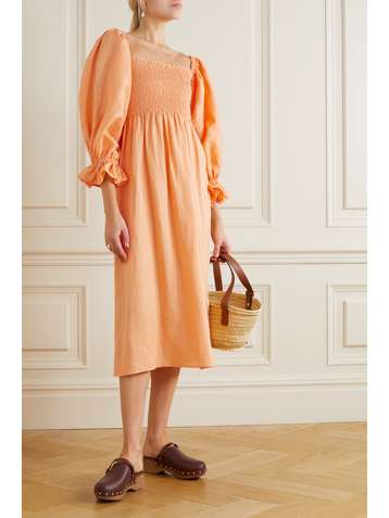 SLEEPER Atlanta off-the-shoulder shirred linen midi dress