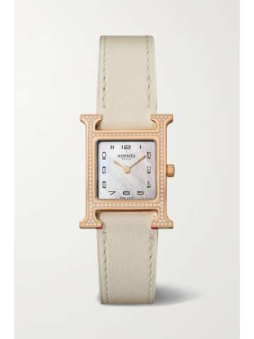 HERMÈS TIMEPIECES Heure H 21mm small 18-karat rose gold, leather, mother-of-pearl and diamond watch