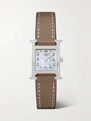 HERMÈS TIMEPIECES Heure H 17.2mm very small stainless steel, leather, mother-of-pearl and diamond watch