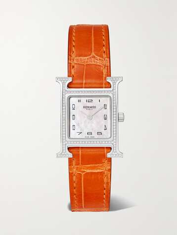 HERMÈS TIMEPIECES Heure H 21mm small stainless steel, alligator, diamond and mother-of-pearl watch