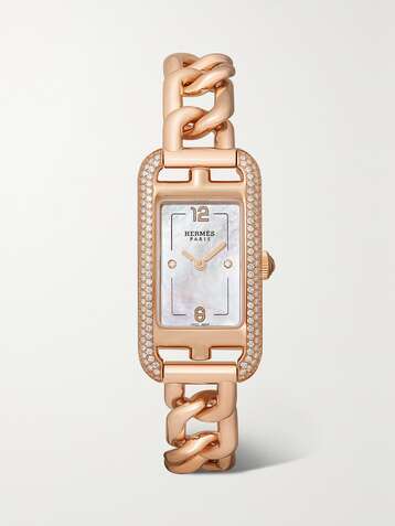 HERMÈS TIMEPIECES Nantucket 17mm very small 18-karat rose gold, diamond and mother-of-pearl watch