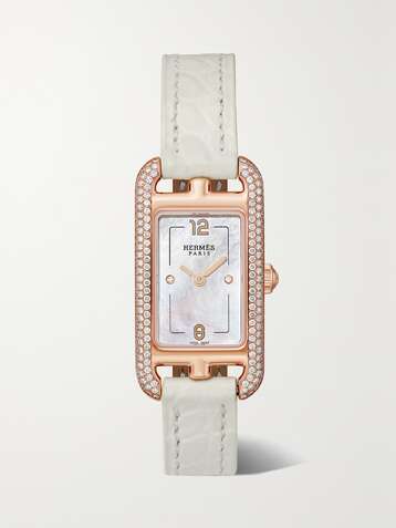 HERMÈS TIMEPIECES Nantucket 17mm very small 18-karat rose gold, alligator, mother-of-pearl and diamond watch