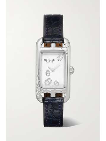 HERMÈS TIMEPIECES Nantucket 17mm very small stainless steel, alligator and diamond watch