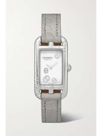 HERMÈS TIMEPIECES Nantucket 17mm very small stainless steel, alligator and diamond watch