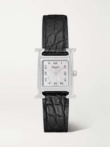 HERMÈS TIMEPIECES Heure H 21mm small stainless steel, alligator, diamond and mother-of-pearl watch