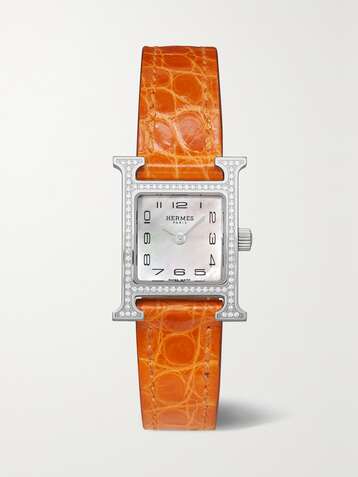 HERMÈS TIMEPIECES Heure H 17.2mm very small stainless steel, alligator, mother-of-pearl and diamond watch