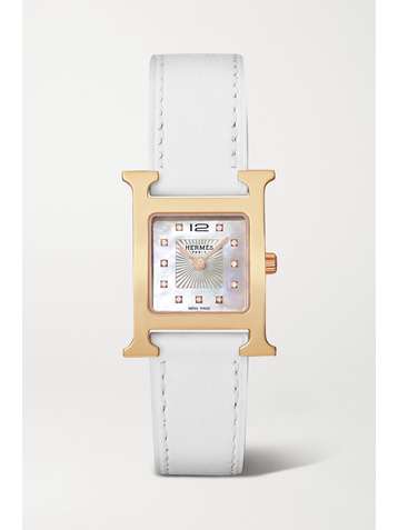 HERMÈS TIMEPIECES Heure H 21mm small rose gold-plated, leather, mother-of-pearl and diamond watch