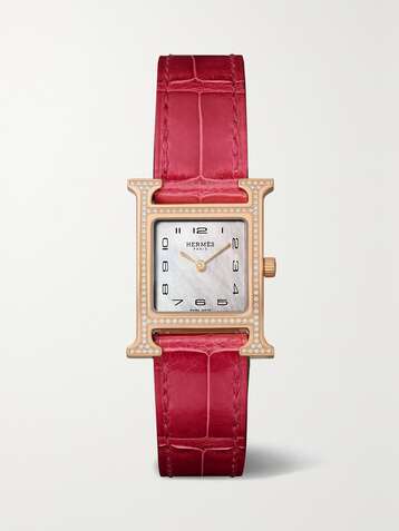 HERMÈS TIMEPIECES Heure H 21mm 18-karat rose gold, alligator, mother-of-pearl and diamond watch