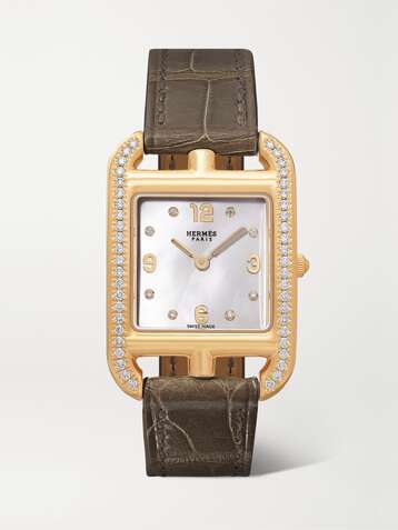 HERMÈS TIMEPIECES Cape Cod 23mm small 18-karat gold, alligator, mother-of-pearl and diamond watch