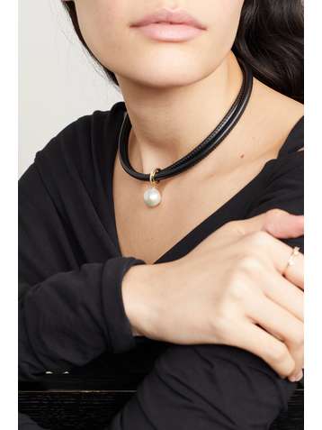 MIZUKI 14-karat gold, leather, pearl and diamond necklace