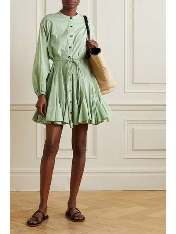 RHODE Emanne belted pleated cotton-voile mini dress