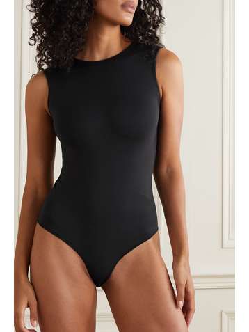 SKIMS Essential Crew Neck Long Sleeve Bodysuit – Onyx – String-Body mit Rundhalsausschnitt