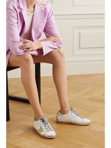 GOLDEN GOOSE Superstar distressed glittered leather sneakers
