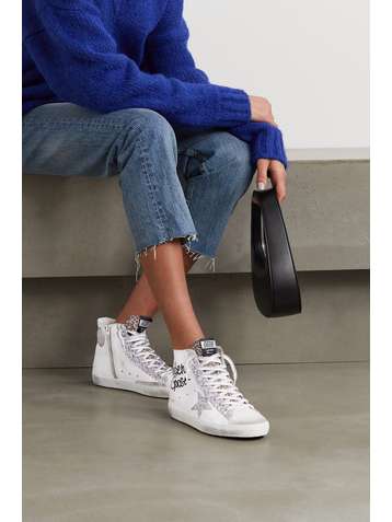 GOLDEN GOOSE Francy glittered distressed leather and suede high-top sneakers