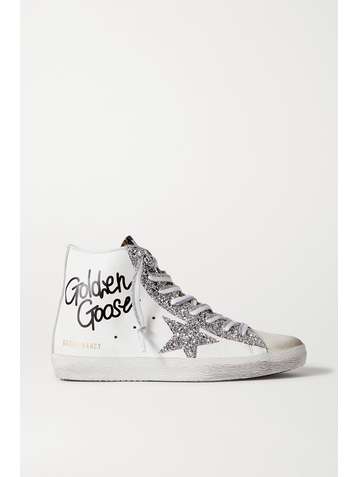 GOLDEN GOOSE Francy glittered distressed leather and suede high-top sneakers