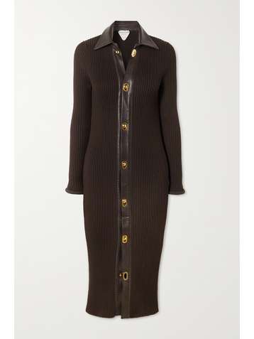 BOTTEGA VENETA Leather-trimmed ribbed wool-blend midi dress