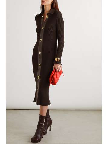 BOTTEGA VENETA Leather-trimmed ribbed wool-blend midi dress