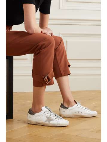 GOLDEN GOOSE Superstar glittered distressed leather and suede sneakers