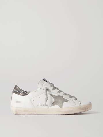 GOLDEN GOOSE Superstar glittered distressed leather and suede sneakers