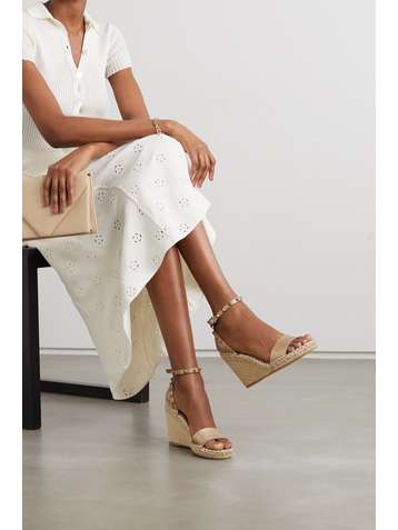 VALENTINO Valentino Garavani Rockstud 105 metallic textured-leather wedge espadrilles