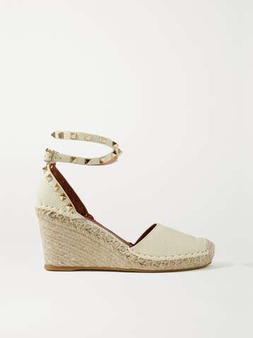 VALENTINO Valentino Garavani Rockstud 85 textured-leather wedge espadrilles