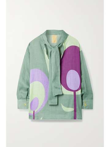 YVONNE S Pussy-bow printed linen blouse