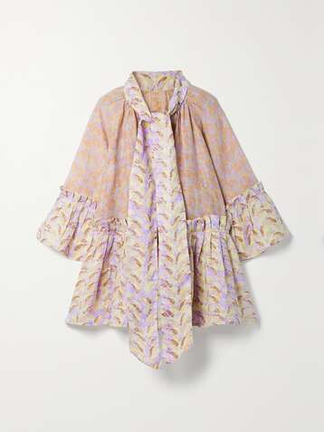 YVONNE S Angelica pussy-bow tiered printed linen-gauze mini dress
