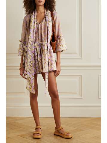 YVONNE S Angelica pussy-bow tiered printed linen-gauze mini dress