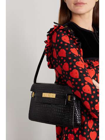 SAINT LAURENT Sac porté épaule en cuir verni effet croco Manhattan Small