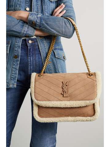 SAINT LAURENT Niki medium quilted nubuck and shearling shoulder bag