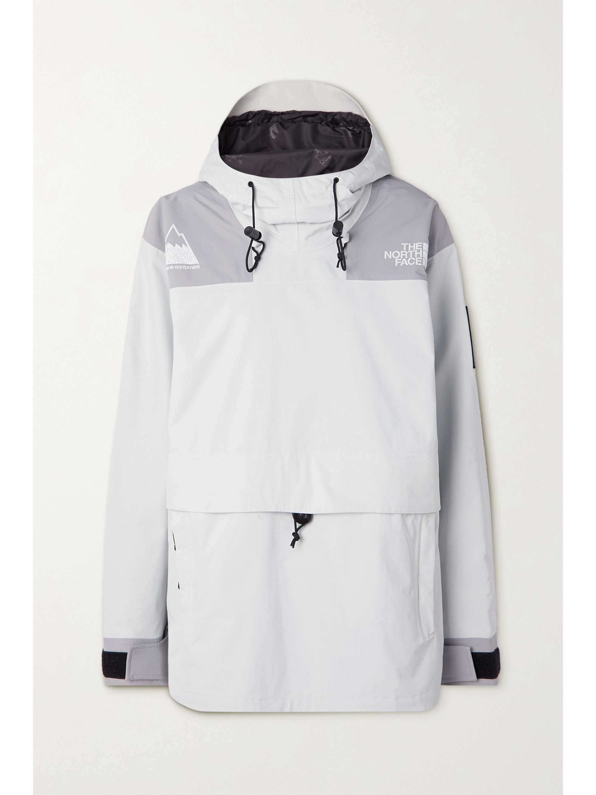 gray and white north face jacket
