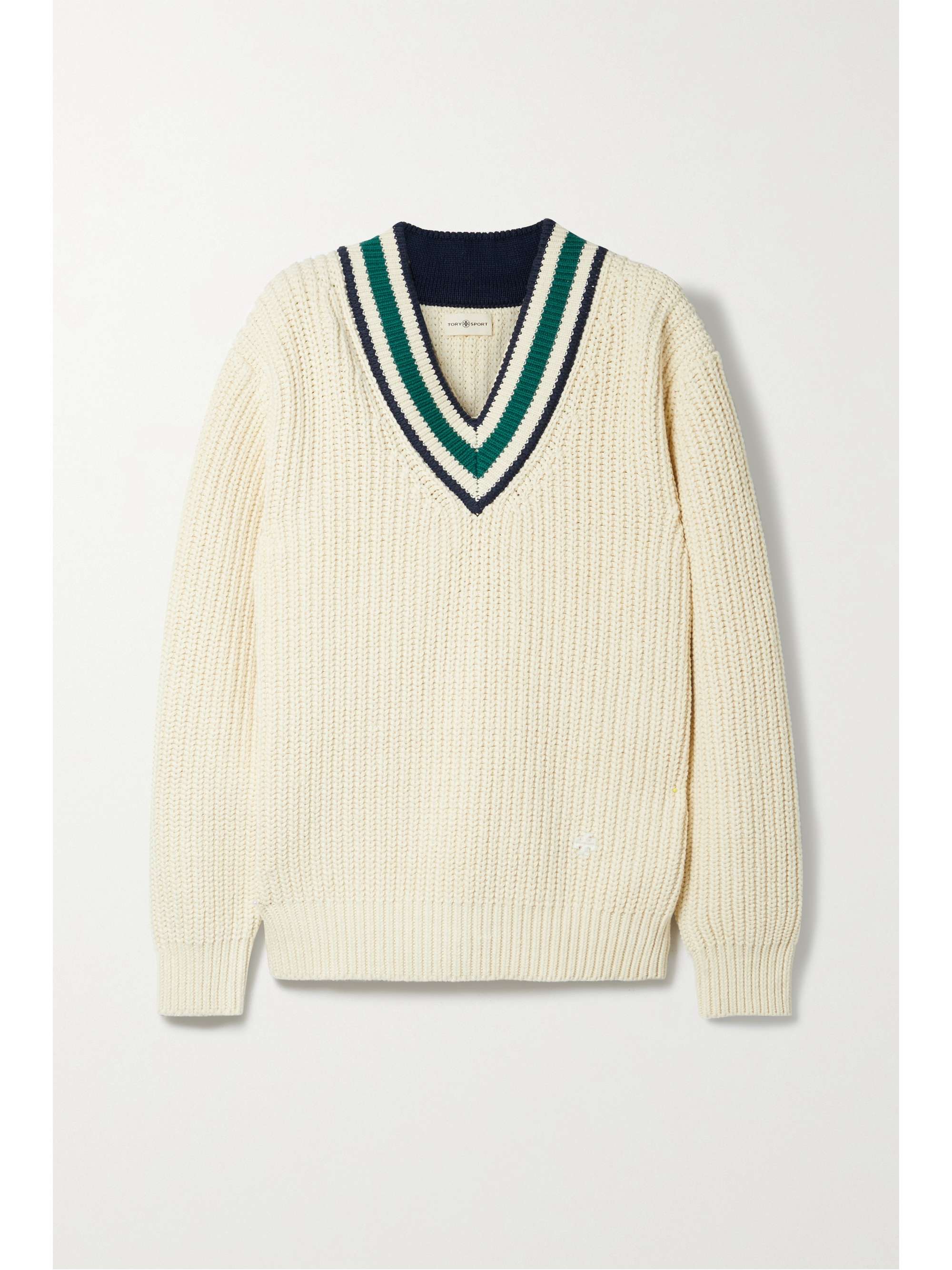 Ecru Striped ribbed cotton sweater 