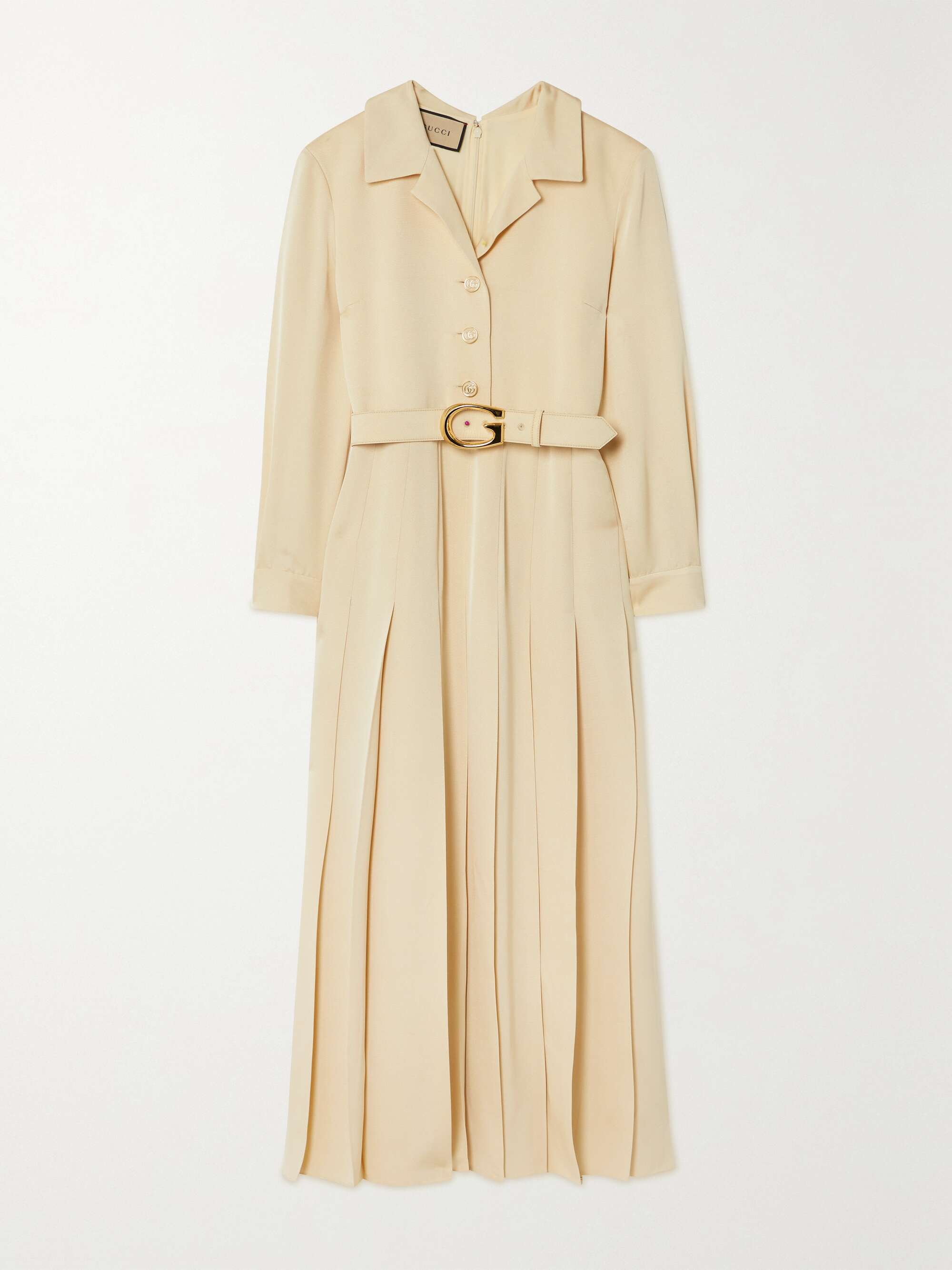 Cream Belted pleated satin-faille shirt 