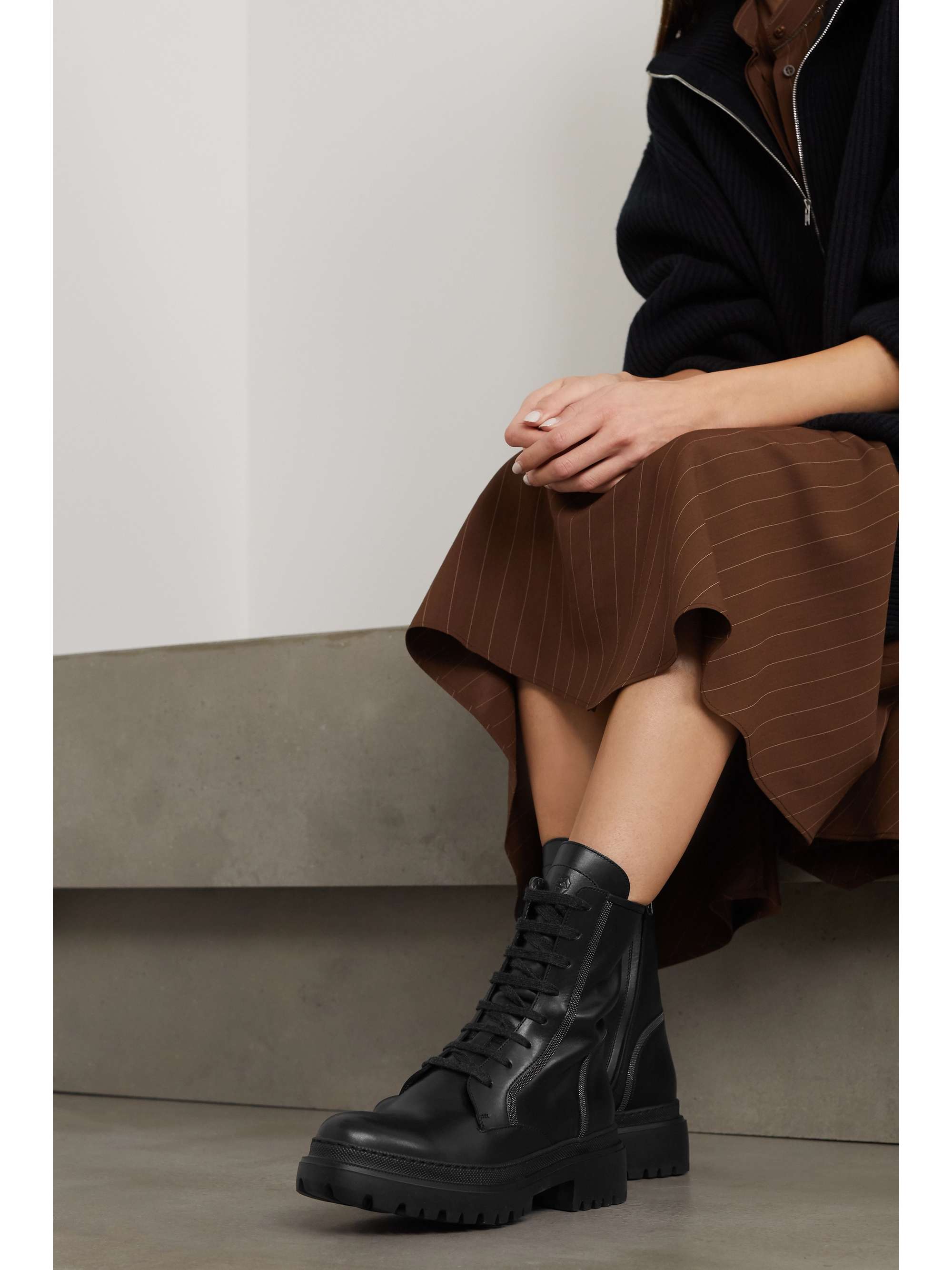 BRUNELLO CUCINELLI Bead-embellished leather ankle boots