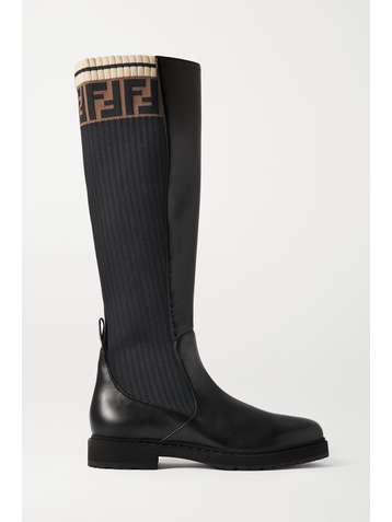 FENDI Logo-jacquard stretch-knit and leather knee boots
