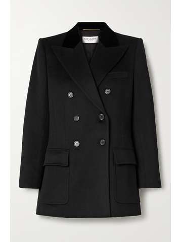 SAINT LAURENT Double-breasted velvet-trimmed wool and cashmere-blend blazer