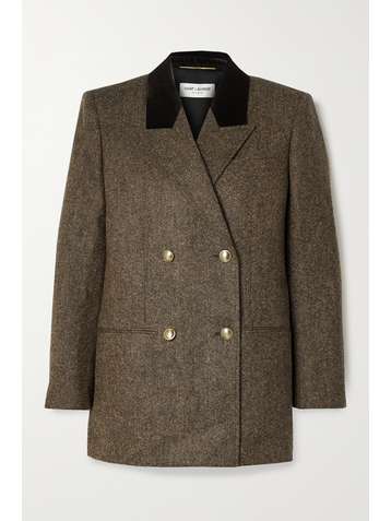 SAINT LAURENT Double-breasted velvet-trimmed wool blazer